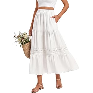 Blooming Jelly Womens White Maxi Skirt Summer Long Skirts with Pockets 2026 | A-line Linen Midi Skirt with Elastic High Waist