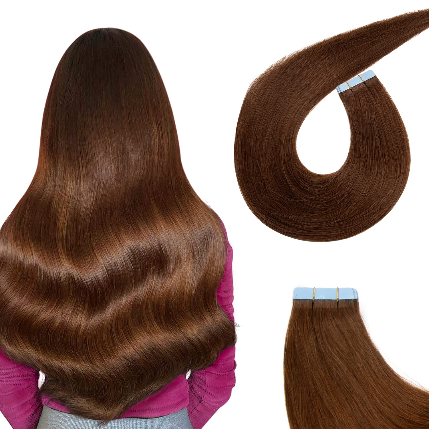 AGMITY Tape in Hair Extensions Human Hair 100% Remy Human Hair Chocolate Brown 50g/pack 20pcs Straight Seamless Skin Weft Tape in Human Hair Extensions(24 inches #4 Chocolate Brown) — image 1