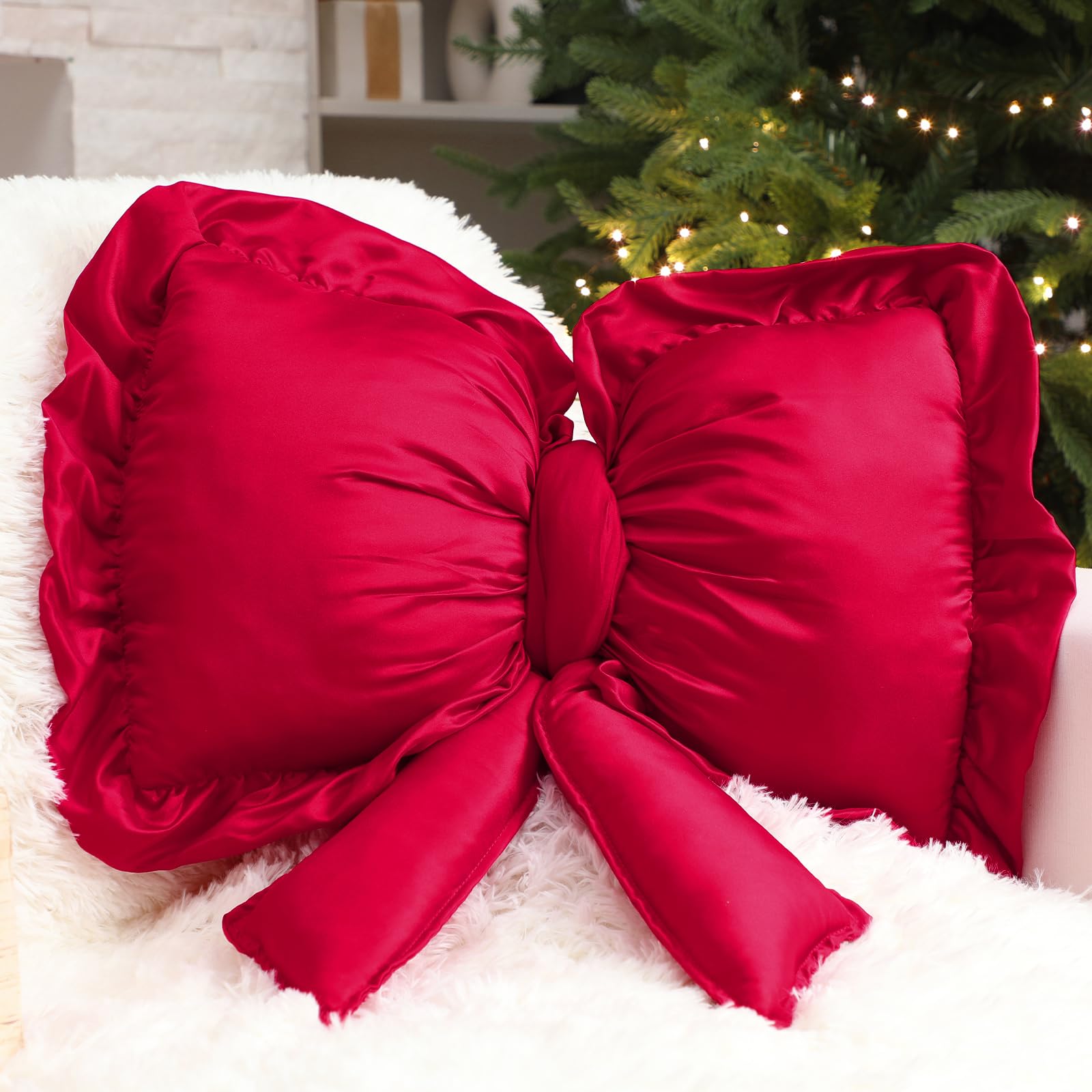 Photo 1 of SmoothNovelty Christmas Large Red Bow Decorative Pillow Stuffed 18 Inch x 16 Inch Xmas Throw Lumbar Pillow Bow Decorations for Cushion Bed Sofa Couch Holiday Outdoor Car Home Decorations