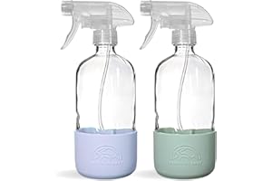 SAVVY PLANET Empty Clear Glass Spray Bottles with Silicone Sleeve Protection - Refillable 16 oz Containers for Cleaning Solutions, Essential Oils - Quality Sprayer - 2 Pack