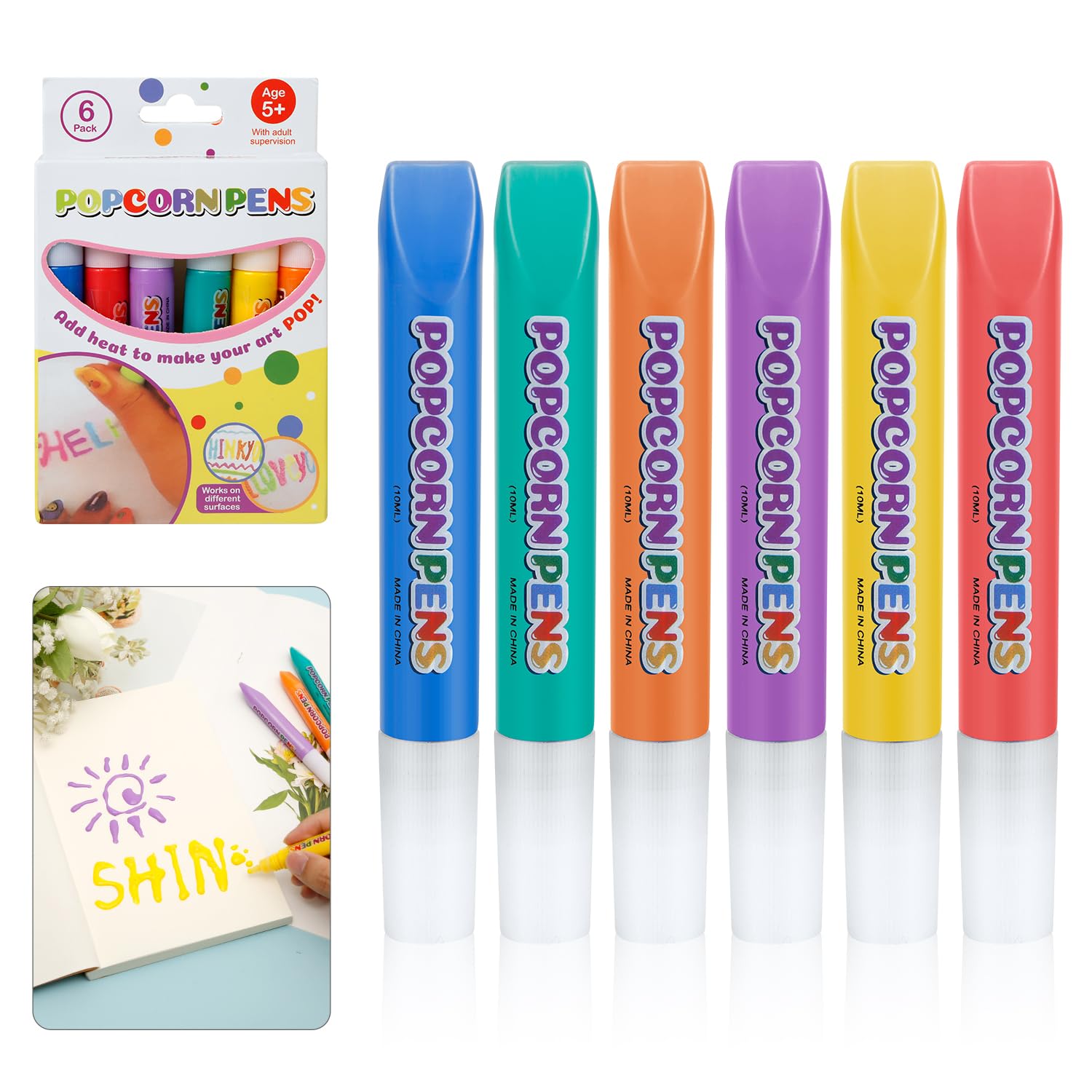 NQEUEPN 1 Pack/6pcs DIY Bubble Popcorn Drawing Pens, 6 Colors Magic Puffy Paint Pens 3D Popcorn Markers for Kids Art Painting Supplies for Home School Classroom