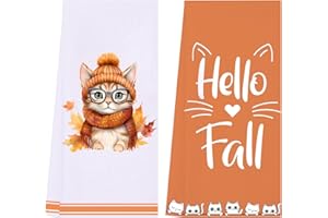 LXOMILL Cat Fall Kitchen Towels, Hello Fall Orange Cat Autumn Dish Towels, Fall Hand Towels, Fall Decor Kitchen Towels, Funny Cat Gifts