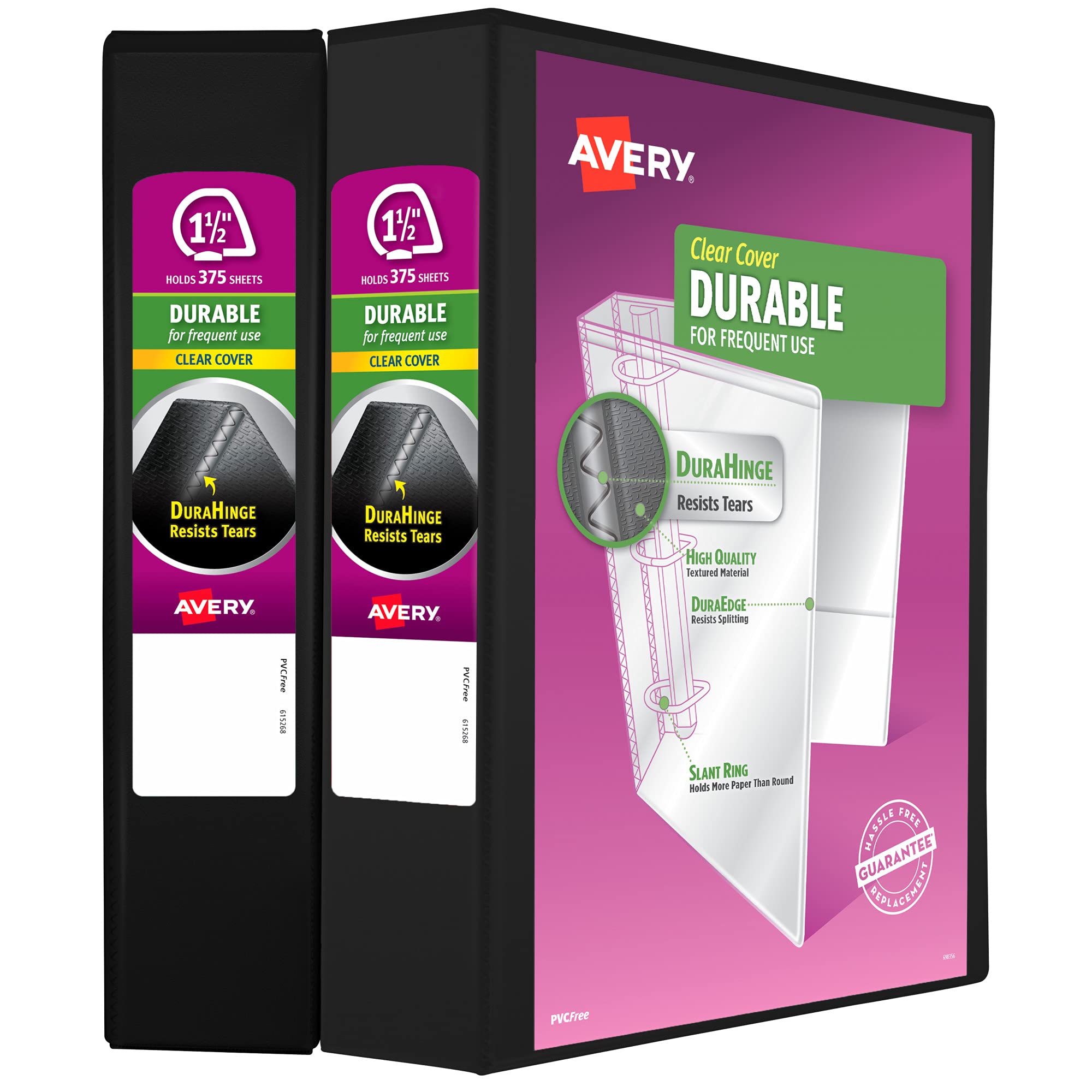 Avery Durable Clear View 3 Ring Binders, 1.5 Inch Slant Rings, 2-Pack of Black Binders (19300)