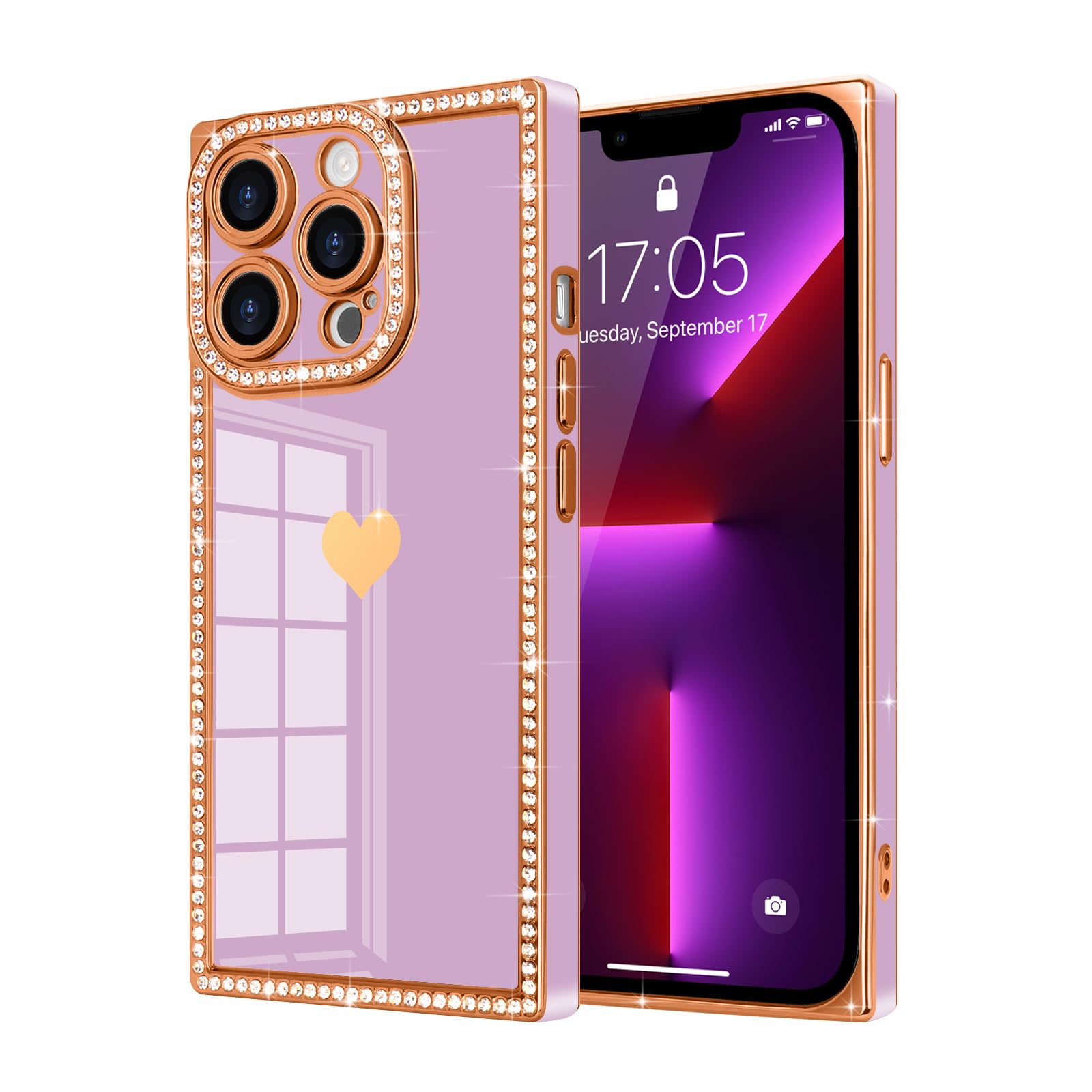 Urarssa for iPhone 13 Pro Case Rectangle Bling Glitter for Women Girls Sparkle Diamond Rhinestones Love Heart Gold Plating Full Camera Protection Shockproof Phone Case for iPhone 13 Pro, Purple
