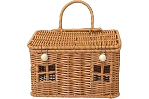 Woven Rattan Storage Basket With Lid, House Shape Wicker Box With Handle, Portable Small Picnic Basket, Rustic Organizer Box,