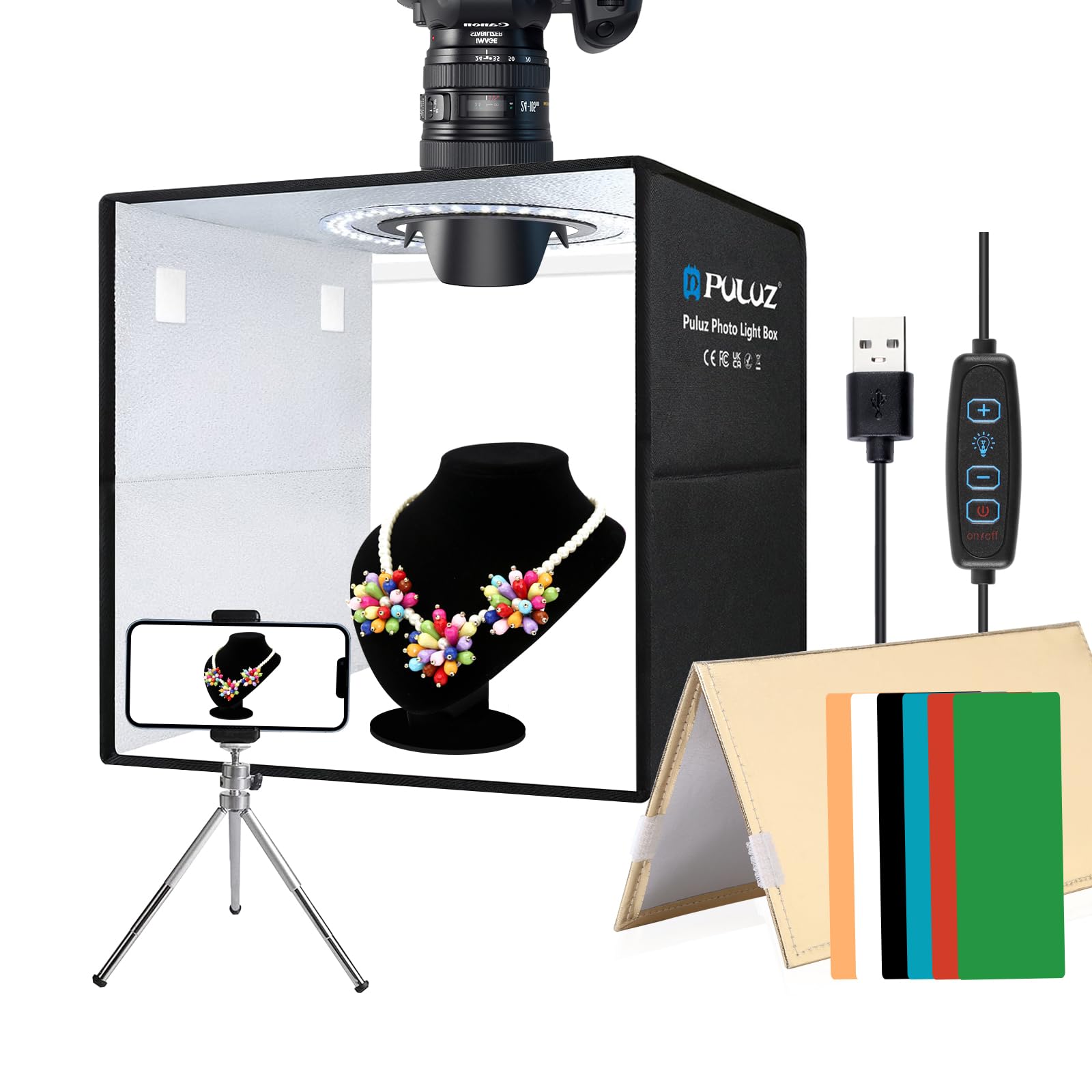 PULUZ 12''×12'' Portable Photography Light Box, 30cm Dimmable Photo Studio Lightbox with 120 High CRI LED Lights & 6 PVC Backdrops & 3 Reflection Boards for Small Items Product Photography