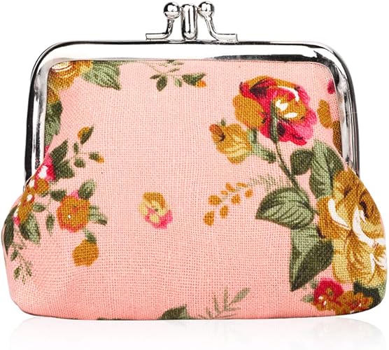 Amazon Isuperb 小銭入れ がま口 2層がま口 ポーチ 帆布がま口 財布 レディース キャンバス 角形 かわいい ミニ 花柄 12x9cm 5色選択可 ピンク ポーチ