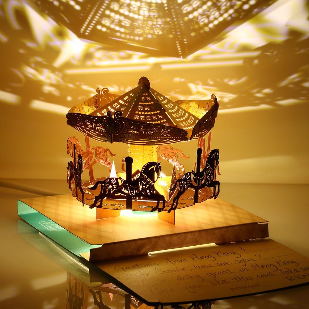 Fancy 3D Pop Up Lighting Greeting Cards, POSTALK Merry-go-round Creative Cards Paper Craft with USB Lighting Module for Birthday, Mother's Day, Children's Day, Valentine's Day Ornaments