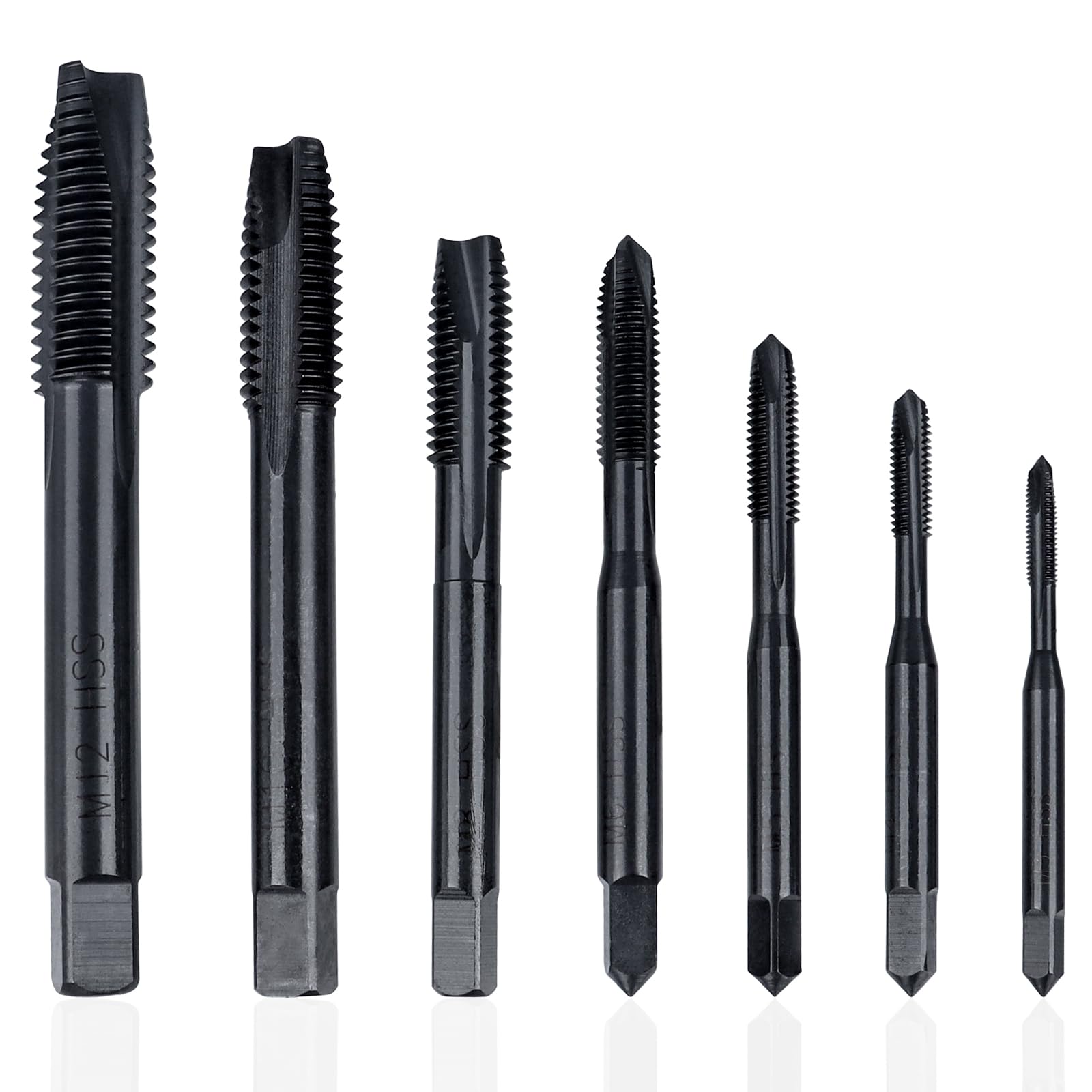 Treki Thread Tap Set, 7pcs Metric Spiral Point Taps Plug Screw Tap Standard Tap Drill Bit HSS Nitriding Coated Bottoming Taps M3 M4 M5 M6 M8 M10 M12