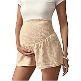 OYOANGLE Women's Maternity Shorts Over The Belly Shirred Wide Leg Casual Pregnancy Shorts