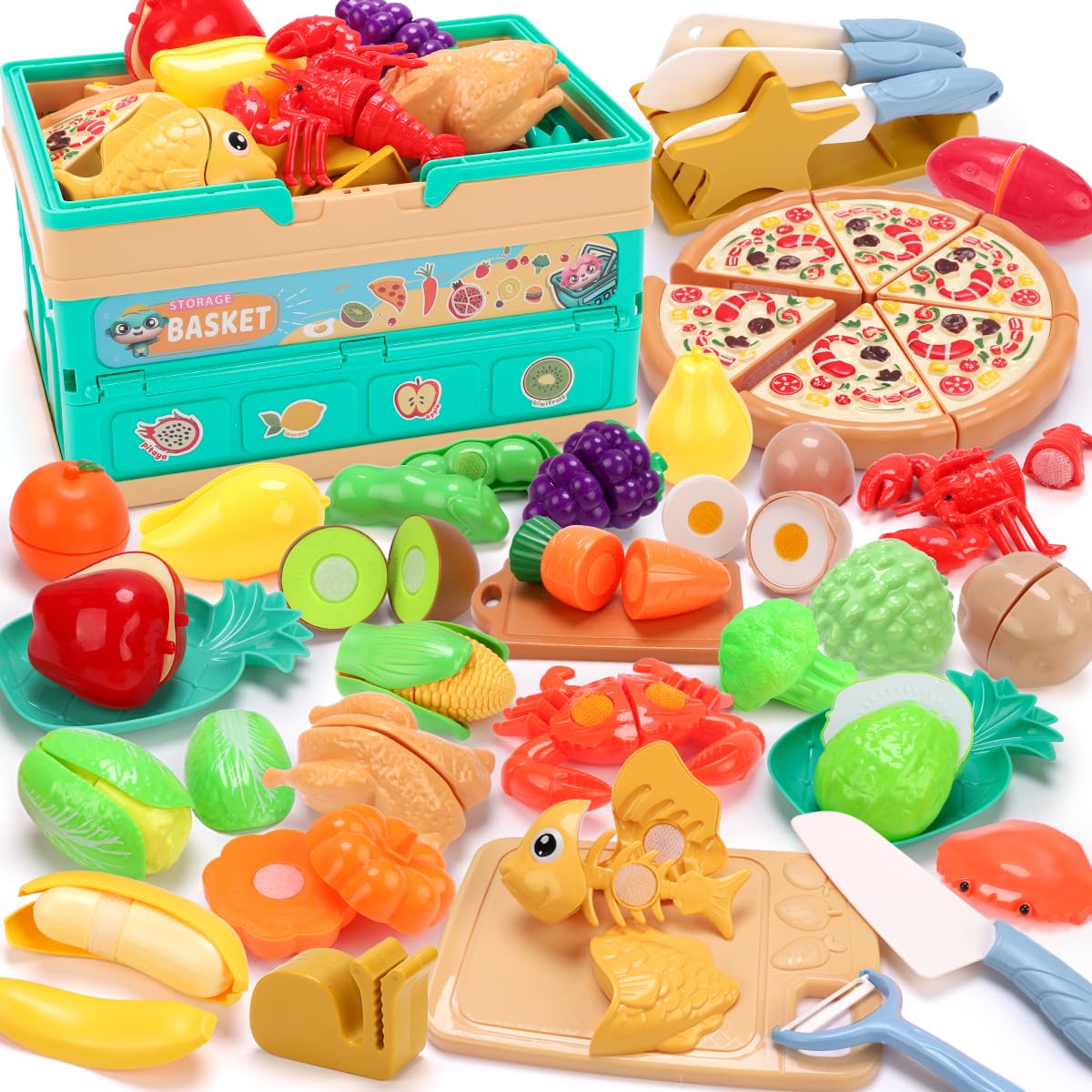 74PCS Pretend Play Food Set for Kids, Cutting Kitchen Toys with Basket, Montessori Educational Role Play Toy Gift for Boys & Girls Age 3+