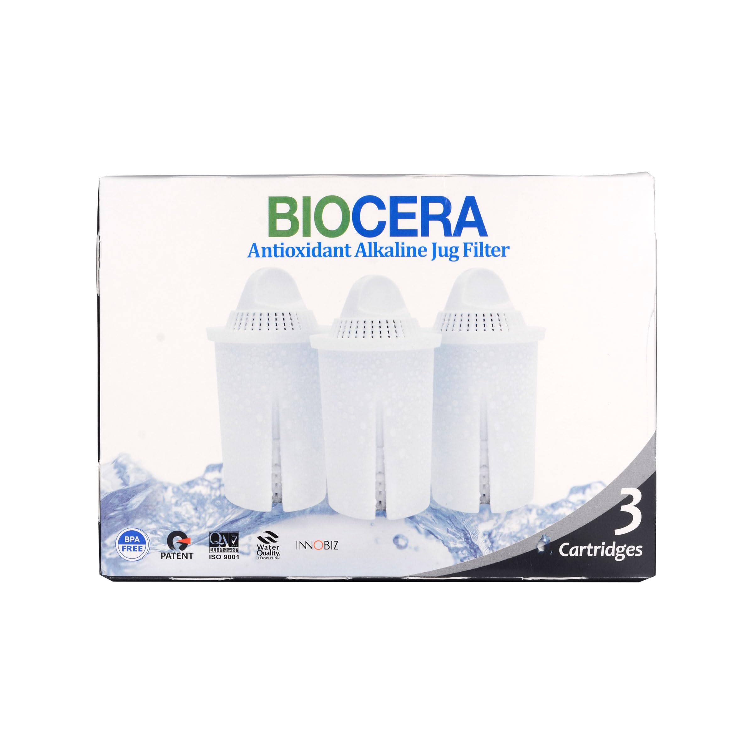 Biocera Alkaline Water Filter Jug Replacement Cartridges - Pack of 3 - Produce Alkaline, Antioxidant, Hydrogen Rich Water - NSF Certified - Cost Effective - 6 Months Supply