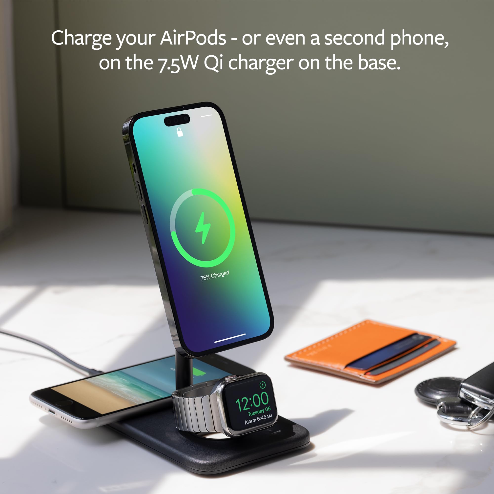 Twelve South HiRise 3 Deluxe, Compact Luxury Wireless Magsafe Charging Stand for iPhone, AirPods and Apple Watch - Includes US Power Supply with 5 Foot Cord, Plus International Plug Adapters, Black