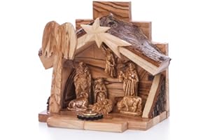 Zuluf Small Olive Wood Nativity Set – Hand Carved Nativity Scene Made in Bethlehem – Christmas Indoor Home Décor, Religious Christian Gift, Wooden Manger with Holy Family Figurines 4.7”