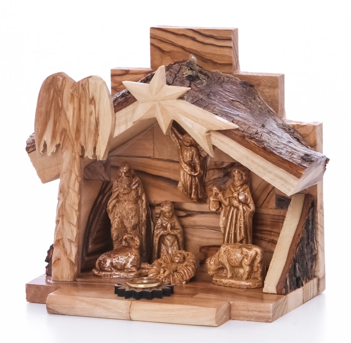 Zuluf Hand Carved Nativity Set Scene With Bark Roof Made In Bethlehem NAT022
