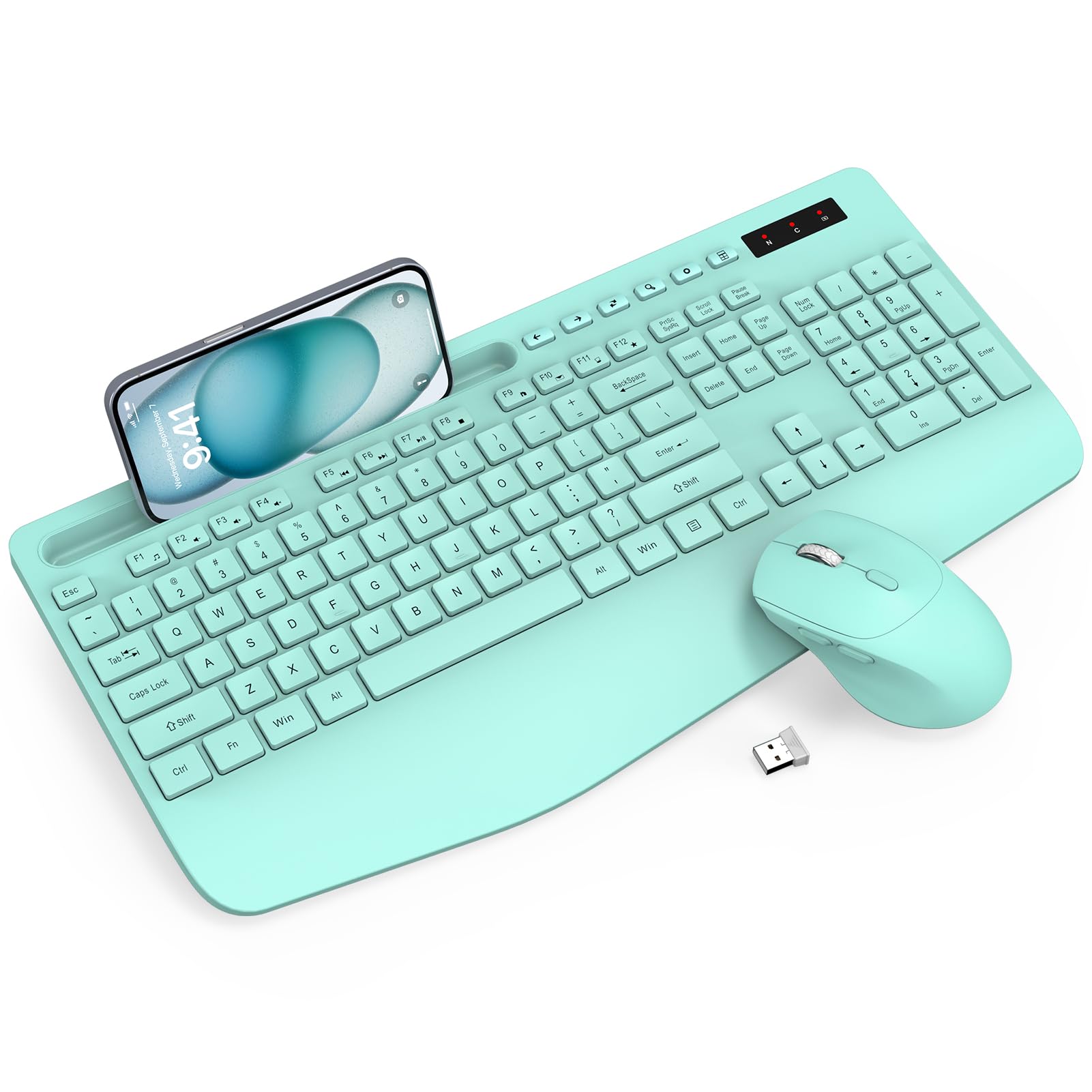 Photo 1 of Wireless Keyboard and Mouse Combo - Full-Sized Ergonomic Keyboard with Wrist Rest, Phone Holder, Sleep Mode, Silent 2.4GHz Cordless Keyboard Mouse Combo for Computer, Laptop, PC, Mac, Windows (Green)