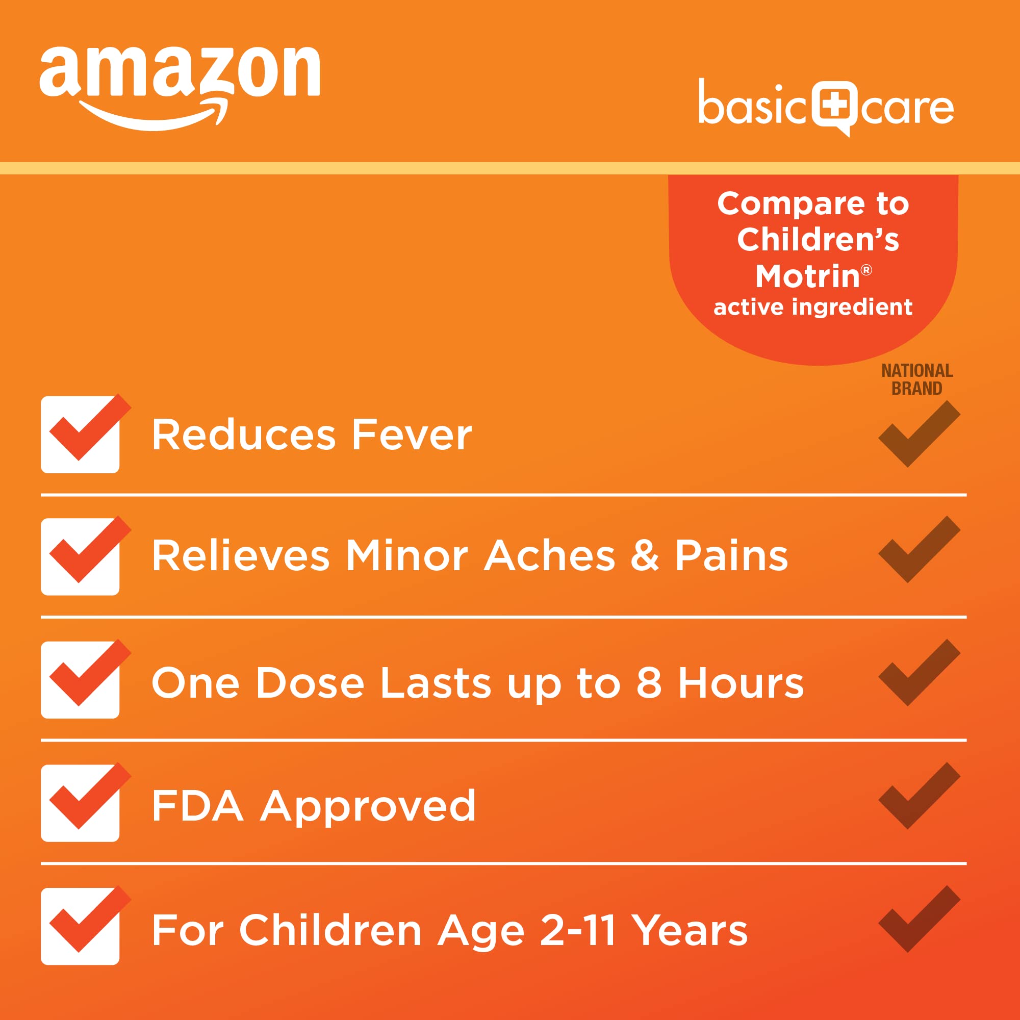 Amazon Basic Care Children's Ibuprofen Chewable Tablets, Pain Reliever and Fever Reducer, Orange Flavor, Ages 2-11, Lasts up to 8 Hours, 100 mg, 24 Count