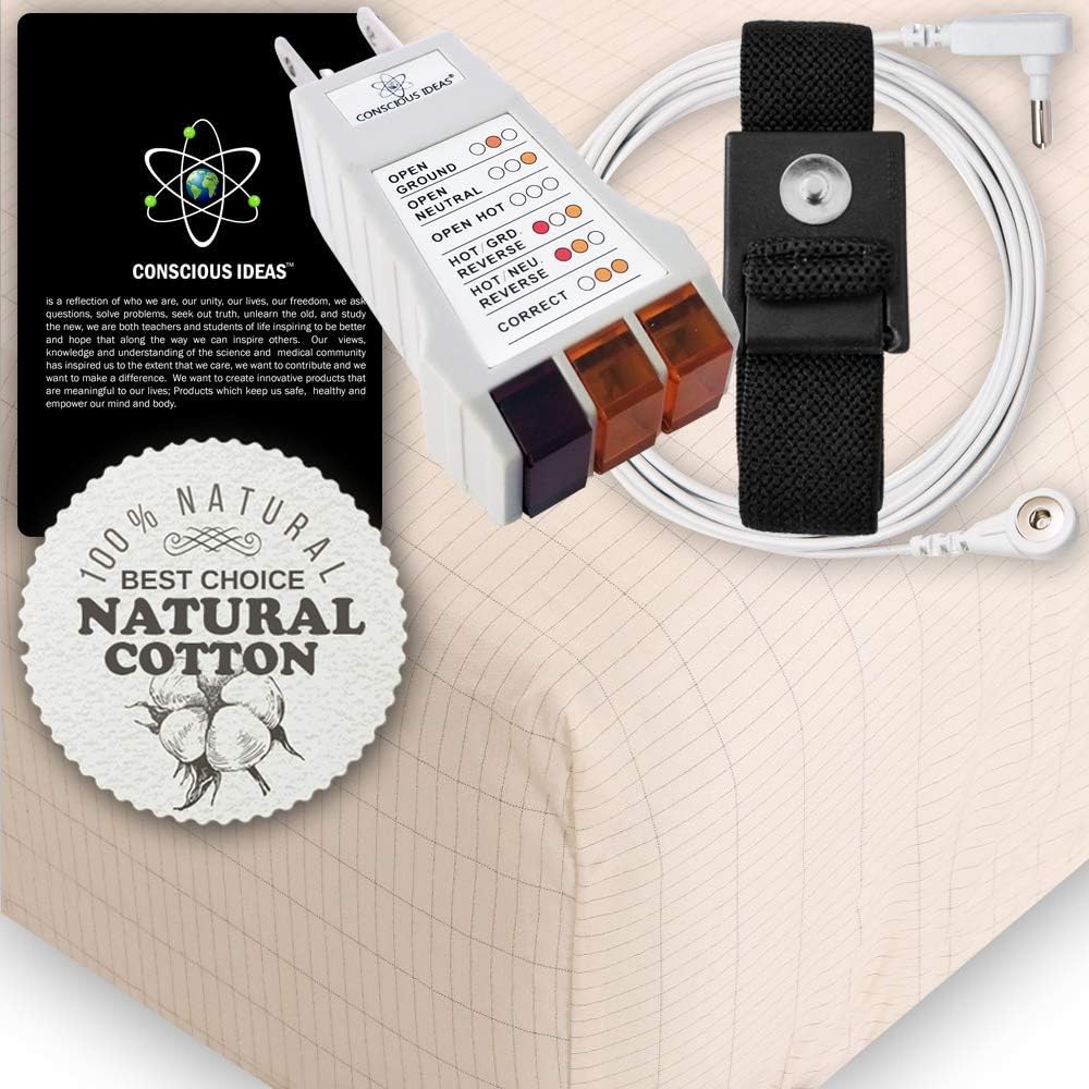 Earthing Grounding King Size Fitted Matress Sheet (Beige) 400TC Pure Silver Thread Conductive Earth therapy bedding Blanket, Natural Energy | 95% Organic Cotton For Better Sleep | Connection Cord