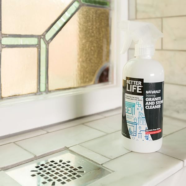 BETTER LIFE GRANITE CLEANER AND POLISH – STONE COUNTERTOP CLEANER FOR MARBLE, QUARTZ, SLATE, CONCRETE SURFACES OR FLOORS – STREAK-FREE GRANITE STAIN REMOVER – 16OZ POMEGRANATE & GRAPEFRUIT