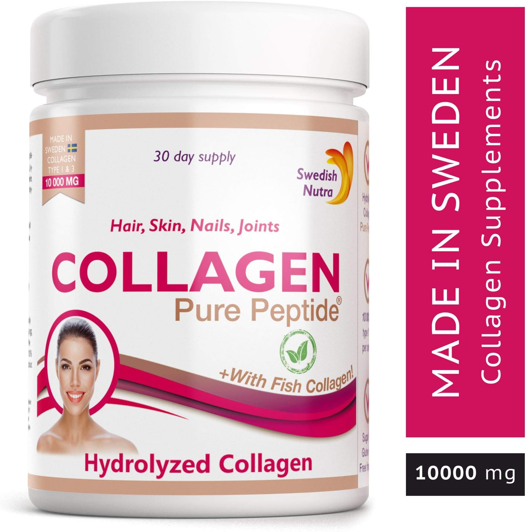 Swedish Nutra- Hydrolised Collagen Type 1&3 - 10000 mg + Hyaluronic Acid with Fish- 300 GMS