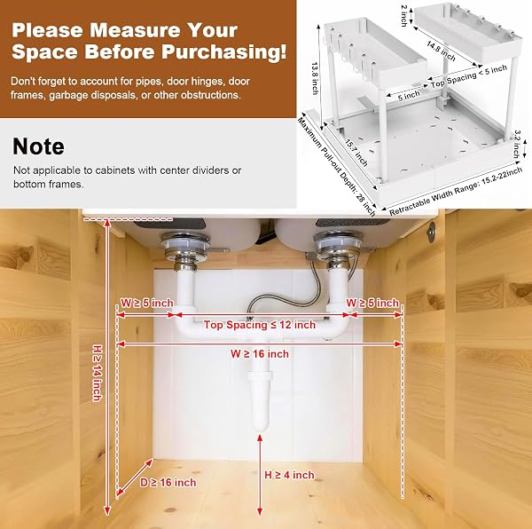 FOXHIVE EXPANDABLE PULL OUT CABINET ORGANIZER – ADJUSTABLE WIDTH 12-18″ & DEPTH 13-23″, 3-RAIL HEAVY DUTY SLIDE OUT DRAWER, NO-DRILLS ADHESIVE MOUNT, FITS LIP & LIP-FREE CABINETS (WHITE)