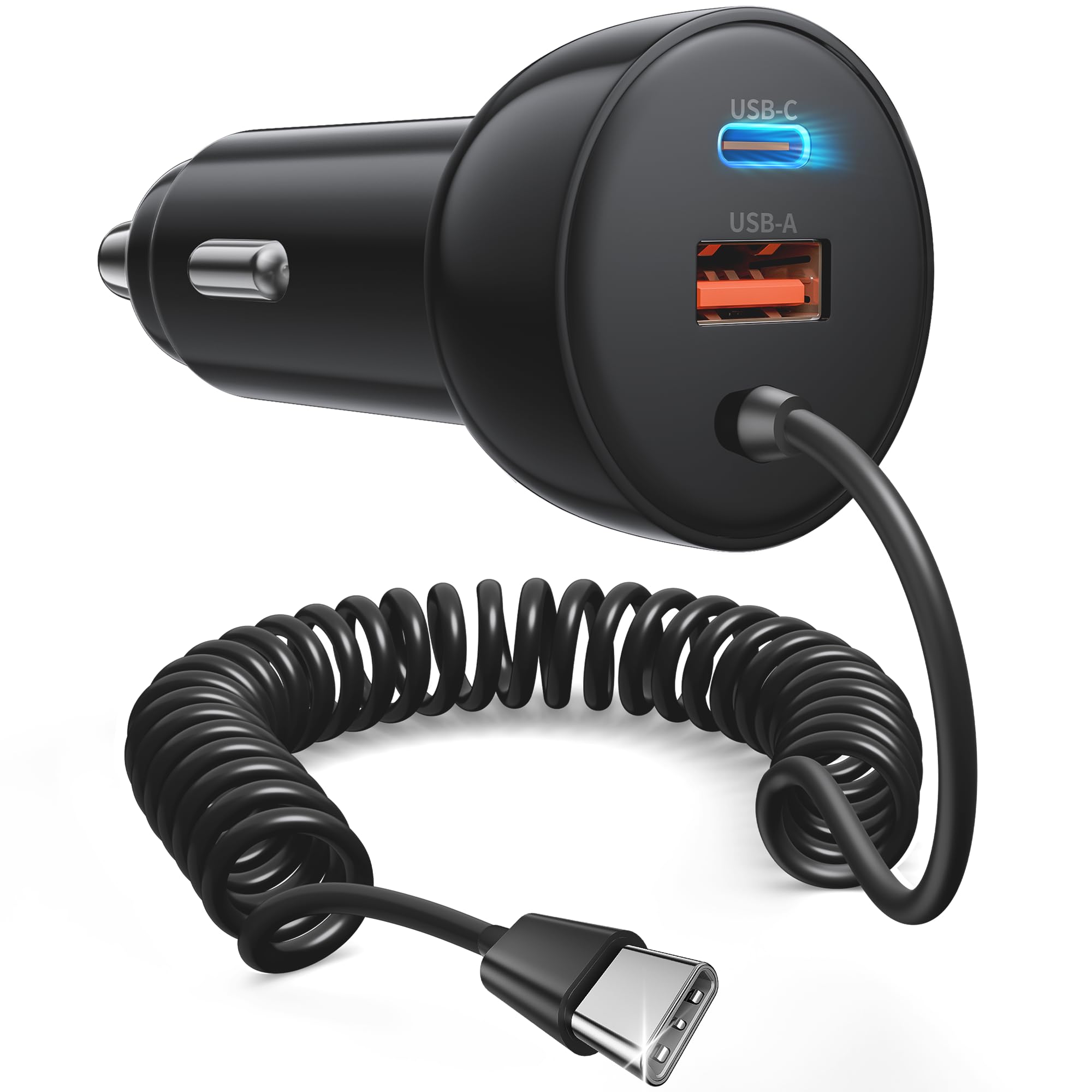 iPhone 17e 17 16 15 Pro Max Car Charger Fast Charging, 3-Port 90W Fast USB C Car Charger Adapter Cigarette Lighter with 4FT Coiled USB C Cable for iPhone 17e/17/17 Pro Max/Air/16/15 Pro/Plus, iPad