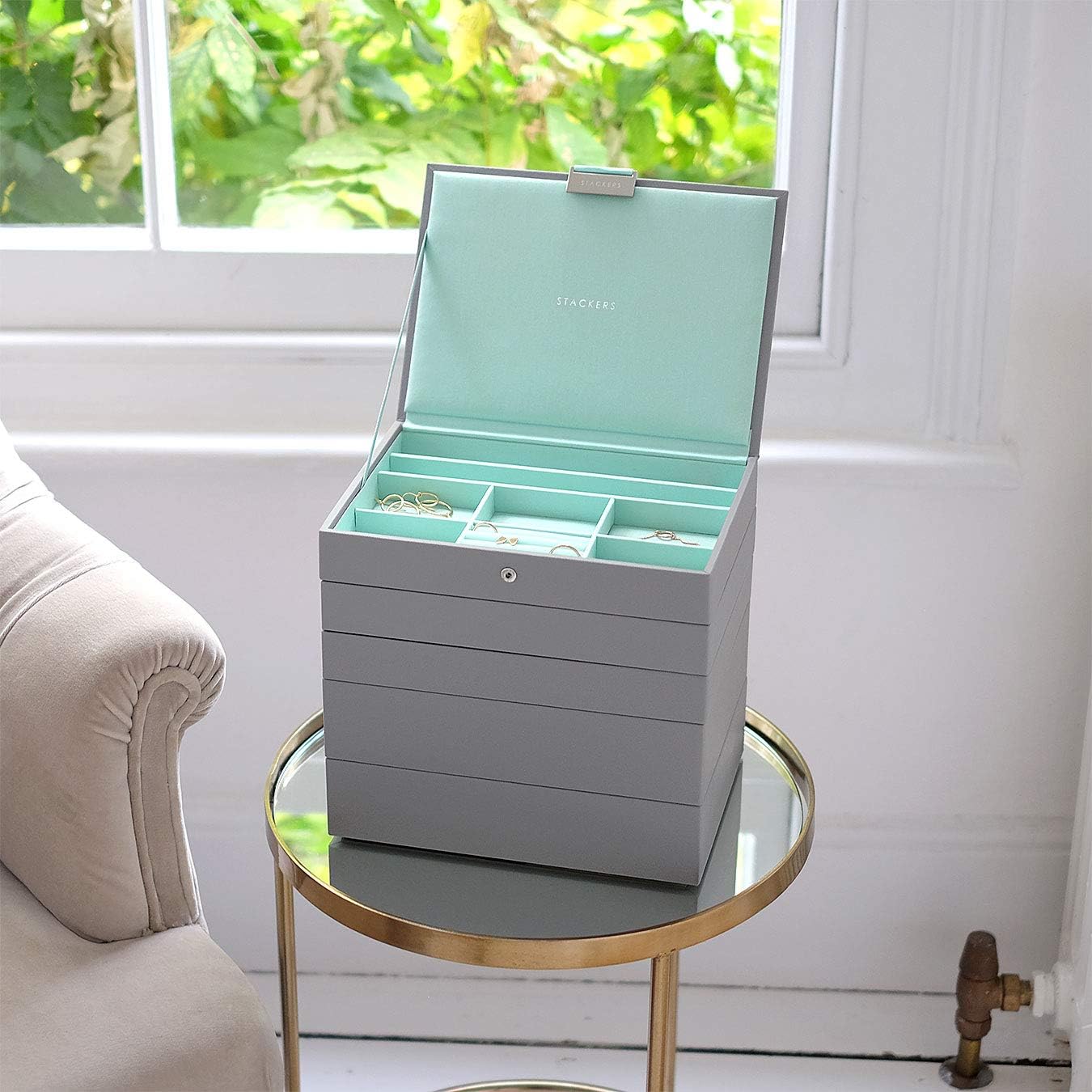 Stackers Dove Grey with Mint Green Classic Medium Jewellery Box, Set of 5, Dove Grey/Mint Green - Image 3