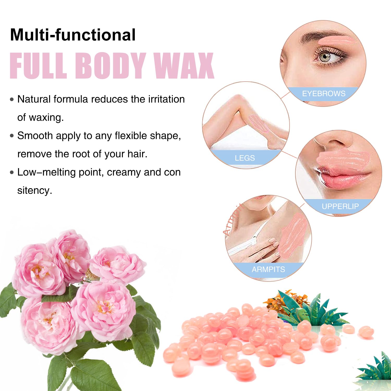 Wax Beads for Hair Removal, 1.1LB Painless Salon Hard Wax Beans for Bikini, Eyebrow Facial, At Home Pearl Waxing Beads for Sensitive Skin with 20 Spatulas for Women Men(Rose)