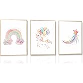 Burshley 3pcs Unicorn Wall Art Canvas Prints Watercolor Rainbow Unicorn with Colorful Balloons Star Posters Paintings Pink Wall Decor for Kids Room Nursery Decoration Unframed