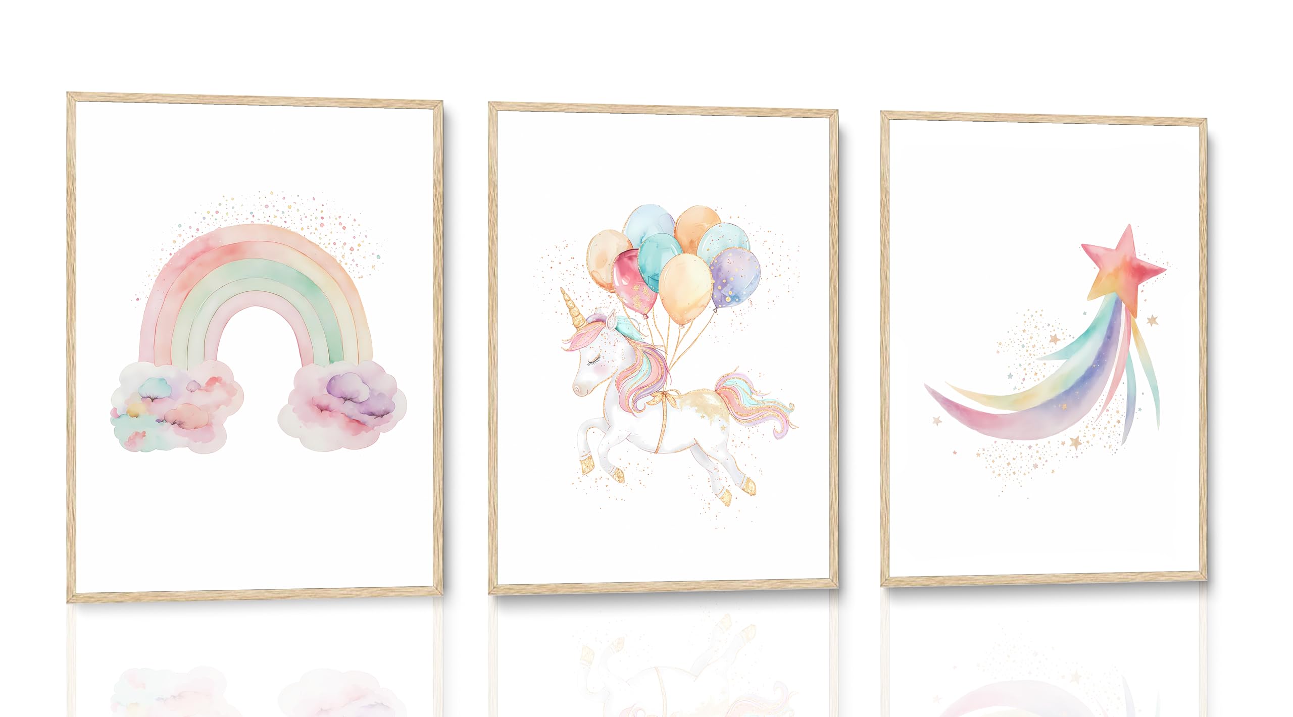 Photo 1 of Burshley 3pcs Unicorn Wall Art Canvas Prints Watercolor Rainbow Unicorn with Colorful Balloons Star Posters Paintings Pink Wall Decor for Kids Room Nursery Decoration Unframed