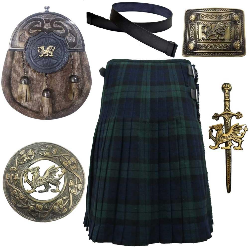 Scottish & Highland Kilt Various Tartans with Leather Sporran,Kilt Belt Belt,Fly Plaid Brooch,Belts Buckle Kilt Pin