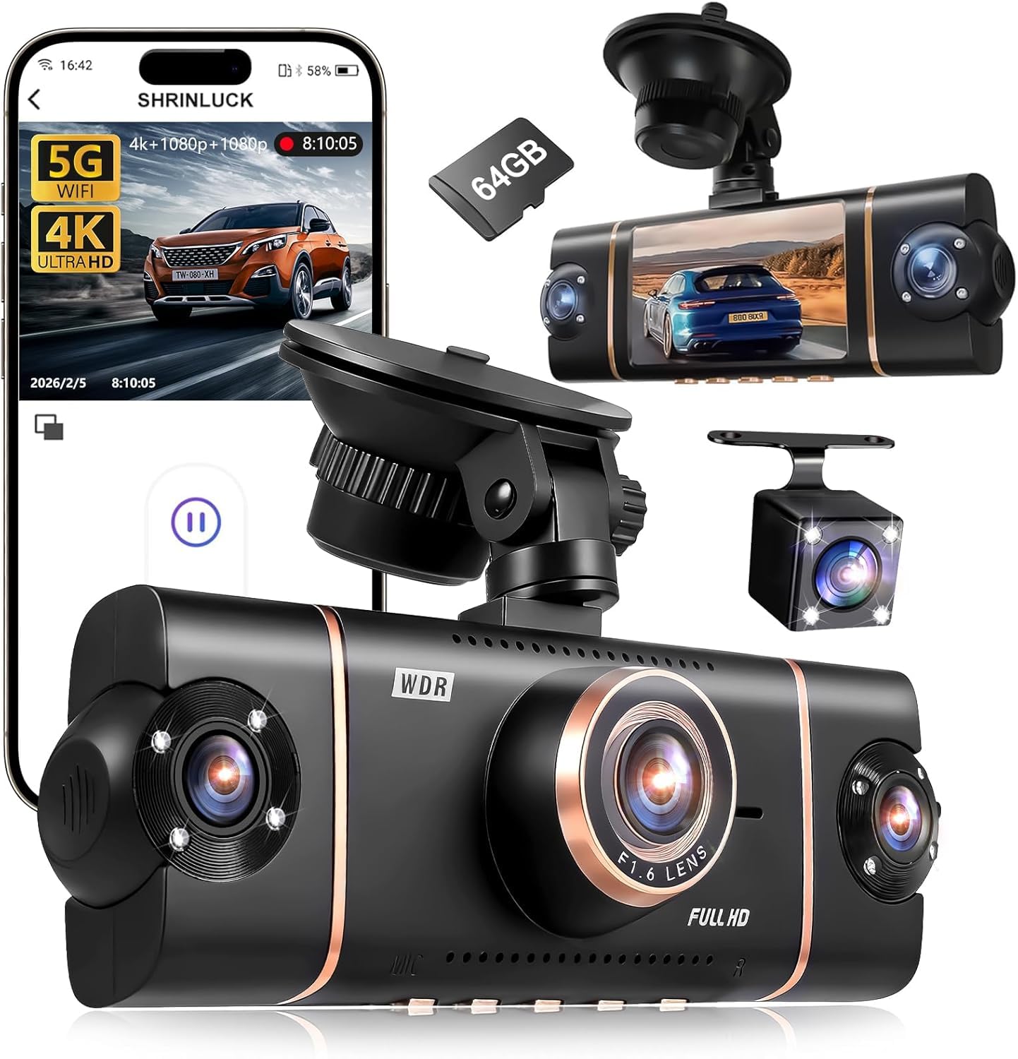 Photo 1 of 4K+1080P*3 FHD Car Camera, 4 Channel 360° Dash Cam Front Rear Inside & Left Right, 5GHz WiFi & App Control, 24H Parking Mode, G-Sensor, 8 IR Lamps Night Vision, Loop Recording, Includes 64GB SD Card