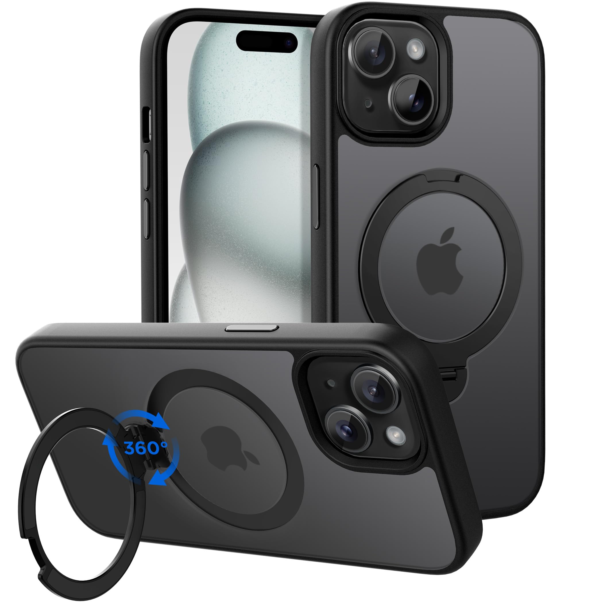Photo 1 of CACOE Magnetic Case for iPhone 15 6.1 inch with 360 Rotatable Ring Stand, Compatible with MagSafe Car Phone Mount, Cases Cover Phone Holder for Desk Meeting/Videos Matte Black