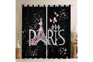 FEELYOU Paris Curtains for Bedroom Living Room Eiffel Tower Window Curtains Black Pink Girls Room Decor (30-50% Blackout Curtain) Romantic Window Drapes Kids French Window Treatments 38x45 Inches,2 Panels