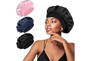 3 PCS Silk Bonnet Satin Bonnet for Sleeping, Hair Bonnet for Women Wide Soft Band Sleep Cap for Curly Hair (Black/Sapphire Bl
