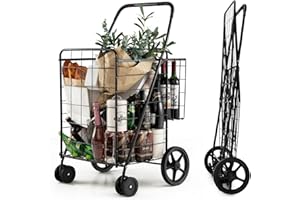 OUTDOOR BASIC HOMGX Flat Folding Shopping Cart, 130 LBS Heavy Duty Utility Cart W/ 360° Swivel Front Wheels, 24" x 23" x 40" Foldable Grocery Cart for Laundry, Shopping, Groceries