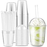 Ziliny 50 Set Clear Plastic Cups with Dome Lids and Straws Sturdy & Food Safe Disposable U Shaped Cups for Cold Drinks Smoothie Milkshake Bubble Tea Juice Cocktail Iced Coffee Party(12 oz)