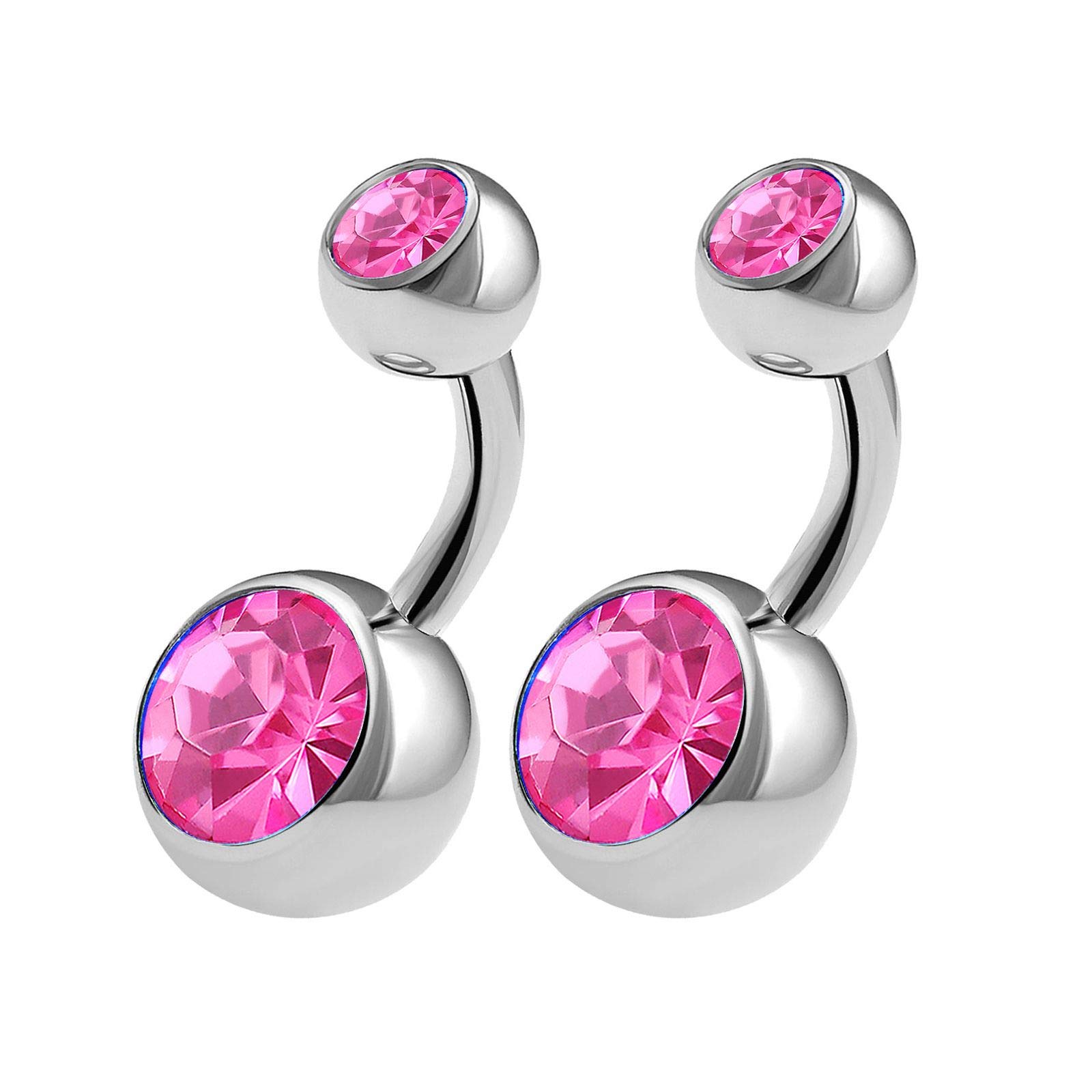 KJM FASHION 2PCS 316L Surgical Steel Belly Button Rings 14 Gauge 1/4 6mm Pink Rose Double Crystall Balls Navel Piercing Jewellery 0545