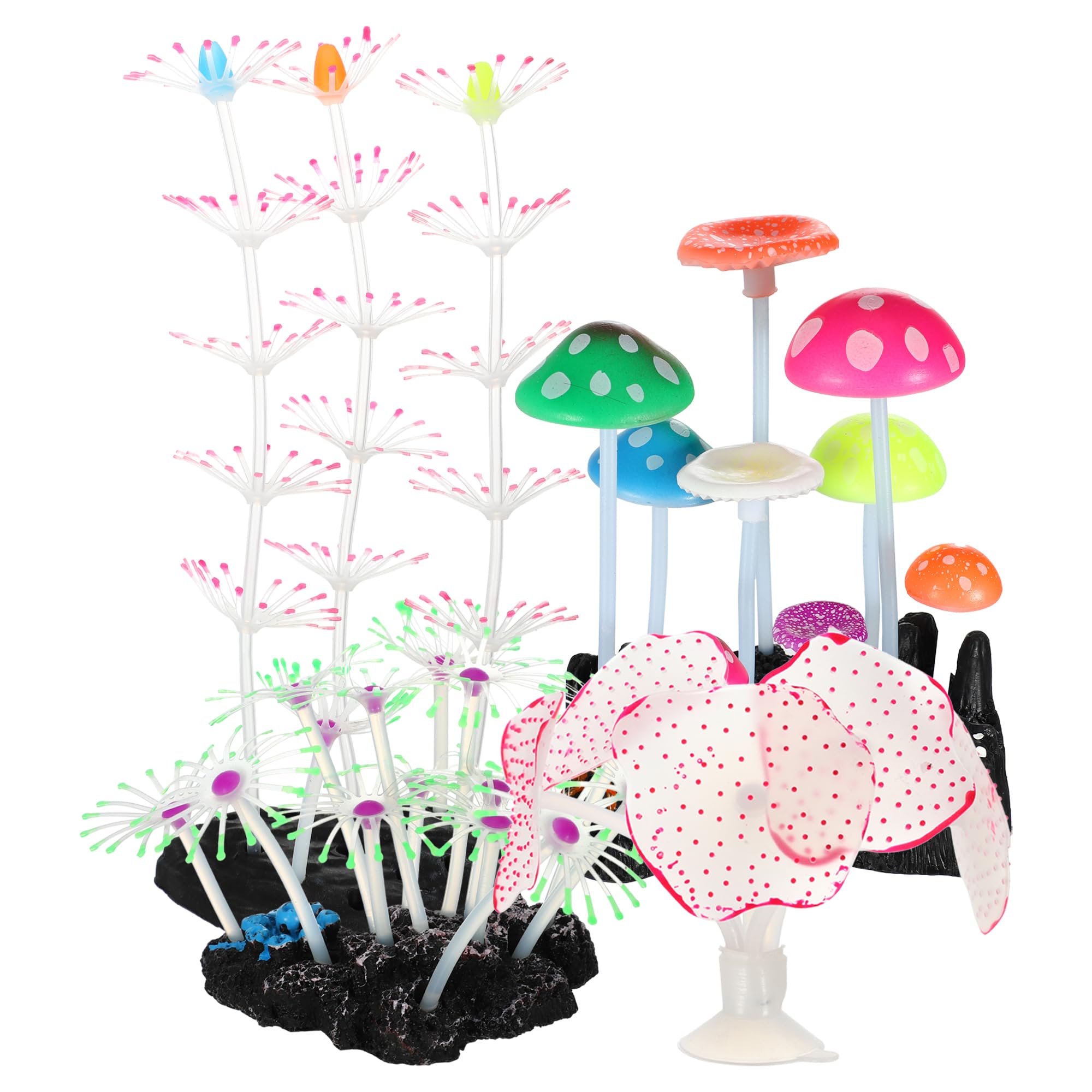 CAPASTEC Silicone Glowing Aquarium Decorations, Fluorescence Coral, Glowing Sea Anemone Mushroom Decor, Glowing Sucker Coral for Aquar Pink Green 1 Set