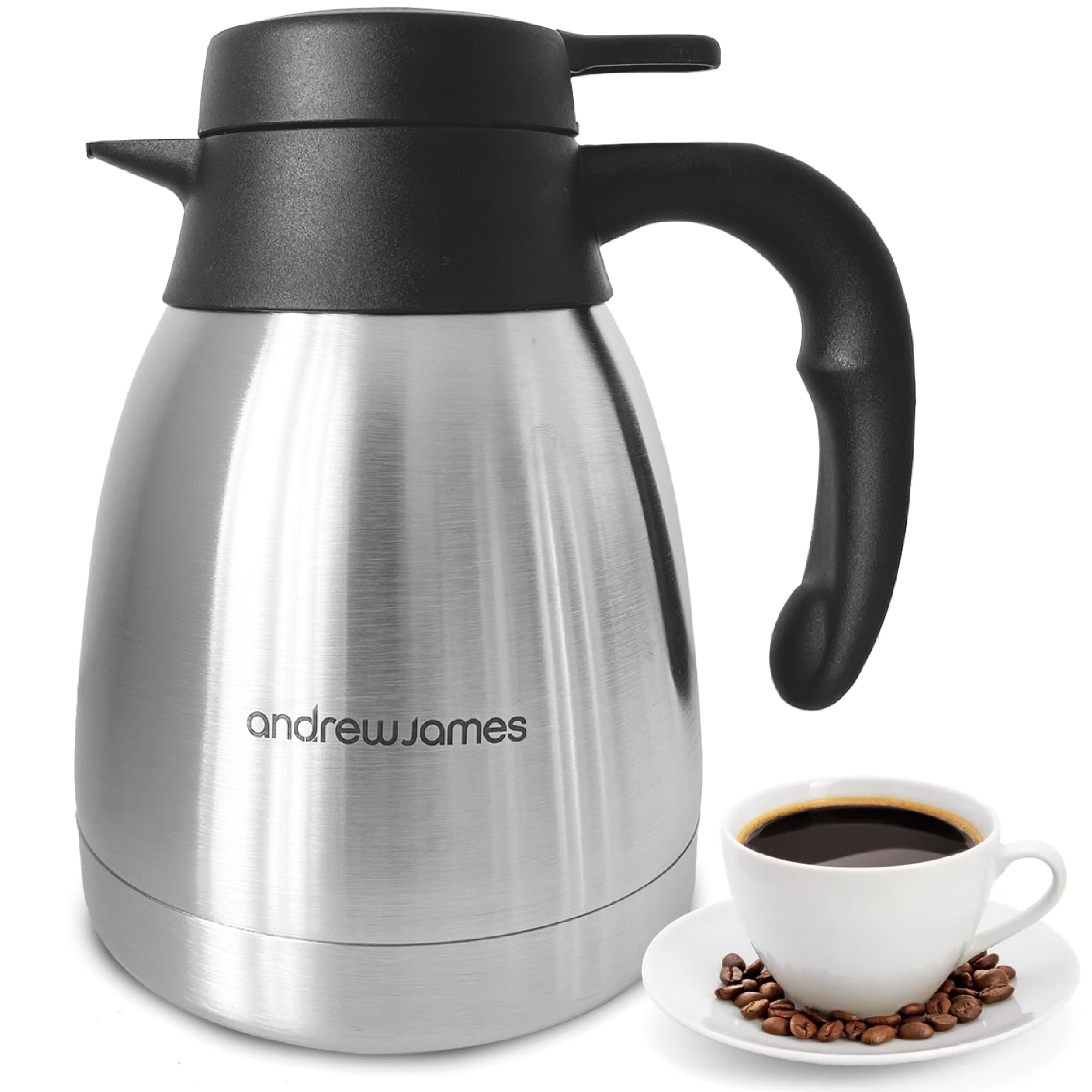 Andrew James 1L Thermal Coffee Carafe Double Walled Vacuum Jug, Stainless Steel Insulated Tea & Coffee Pot for Hot and Cold Drinks, Thermal Jug Flask Leak Proof Dispenser, Durable and Portable