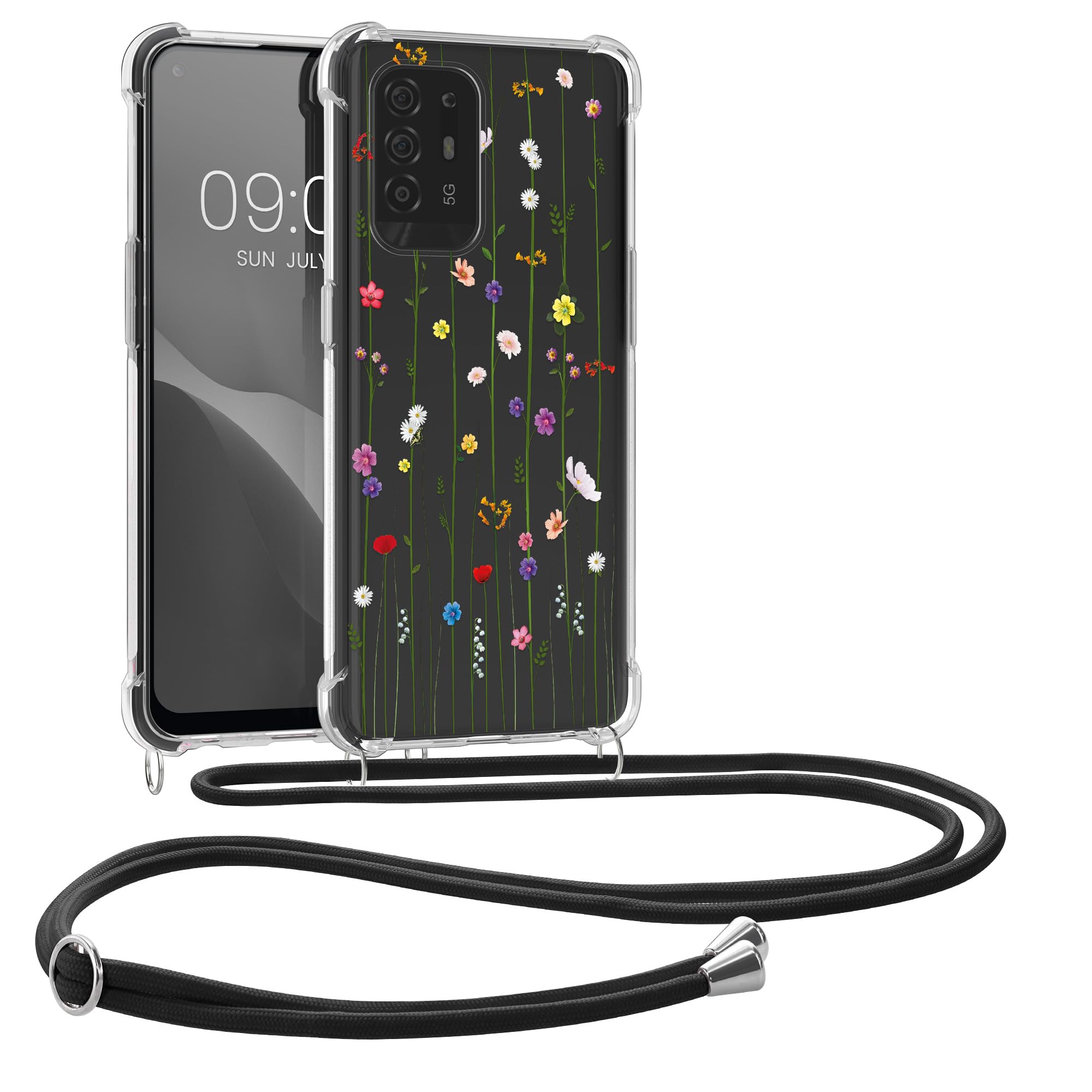 kwmobile Crossbody Case Compatible with Oppo A94 (5G) Case Strap - Wildflower Vines Multicolor/Transparent