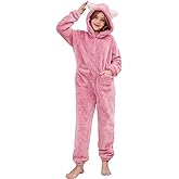 Flygo Girls Fleece Jumpsuits Fuzzy Hooded Onesie Rompers Kids Zip One Piece Romper Costume Warm Winter Clothes 5-14 Years