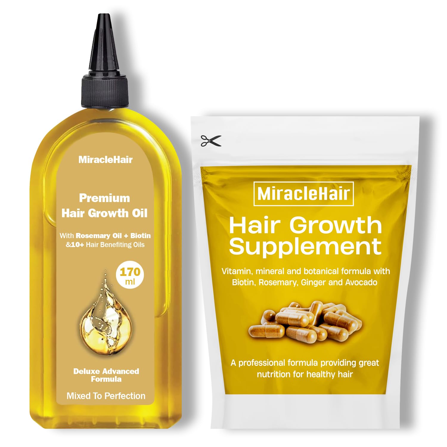 Premium Hair Growth Oil 170ml & Supplement Set – Enriched with 12 Natural Oils Including Rosemary & Biotin – Promotes Thicker, Healthier Hair – Vegan & Cruelty-Free – UK Brand