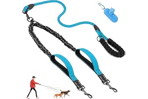 LEOSASA Double Dogs Leash - Removable Main Lead Rope with Splitter, No Tangle 2 Dog Coupler, Reflective No Pull Bungee, 3 Handle, D-Ring, Extra Long for Walk Train Medium Large Two Pet (Blue)