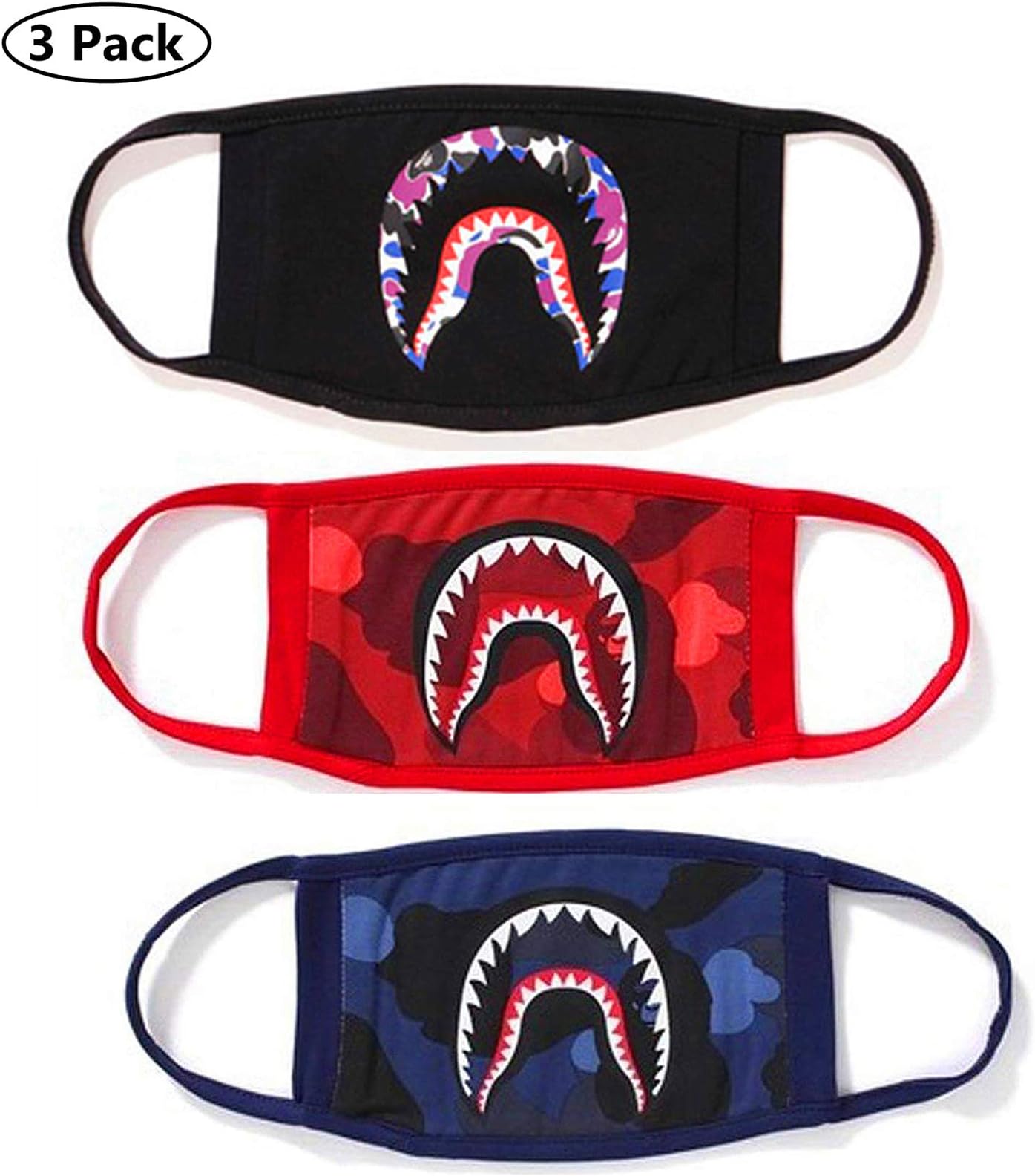NF orange 4 Pack Shark Black Red Blue Mouth Face Mask Cotton Mouth-Muffle.(Black Red Blue Green)