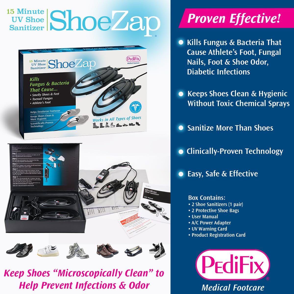 Pedifix ShoeZap Clinically Proven Germicidal Light Technology, 15 Minute UV (Ultraviolet) Shoe Sanitizer that Eliminates Odor Causing Germs, Bacteria, and Fungus