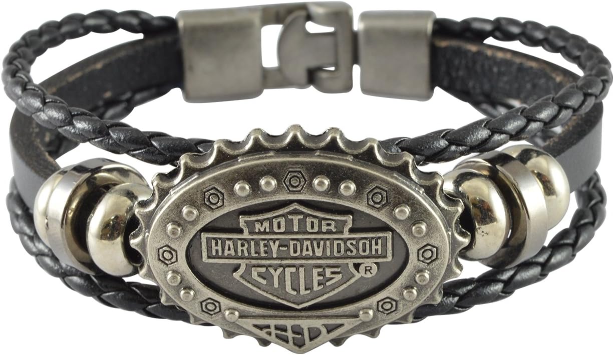 Jade India Leather Harley Davidson Multilayer Braided Mens Bracelet - Black
