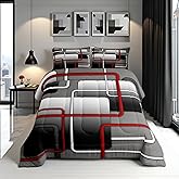 Castle Fairy Red Black White Comforter Set Queen Size,Geometric Abstract Bedding Set for Wome Men Adults Home Room 3D Square Lines Quilted Duvet Grey Ombre Modern Duvet Insert 3pcs with 2 Pillowcases