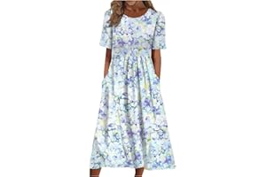 HUEAHDOU Tshirt Dress for Women 2024 Beach Cotton Linen Floral Printed Dresses with Pockets Casual Flowy Long Dress