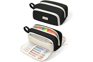 SUNEE Cute Pencil Case, Aesthetic Pen Pouch with 3 Compartments, Kawaii Colored Large Pencil Bag with Zipper, Stationery Storage and Organizer, Black School Supplies for Teen and Adult Girls